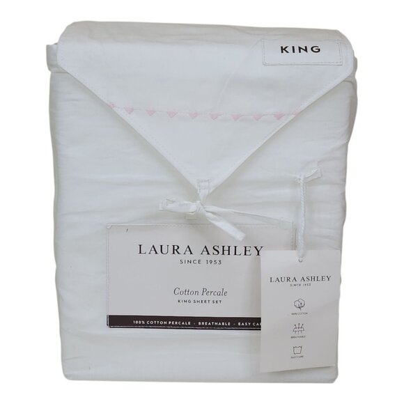Laura Ashley King Cotton Percale Sheet Set White Embroidered Pink Hearts - Picture 5 of 5